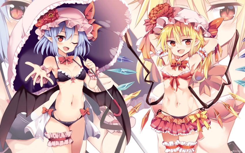 arm_garter armpits arms_behind_head artist_name bangs bare_arms bare_shoulders bat_wings bikini bikini_skirt black_bikini black_bikini_bottom black_legwear black_wings blonde_hair blue_hair blush bow bowtie breasts cleavage commentary_request cowboy_shot detached_collar fang flandre_scarlet flower frilled_bikini frills front-tie_top groin hair_between_eyes hat hat_flower hat_ribbon highres holding holding_umbrella leg_garter looking_at_viewer maturiuta_sorato microskirt mismatched_bikini mob_cap multiple_girls navel open_mouth outstretched_arm pink_hat pointy_ears red_bikini red_bikini_top red_bow red_eyes red_flower red_neckwear red_ribbon remilia_scarlet ribbon siblings side-tie_bikini simple_background sisters skirt small_breasts smile standing stomach swimsuit thigh_gap thighhighs touhou umbrella white_background wings wrist_cuffs yellow_bow