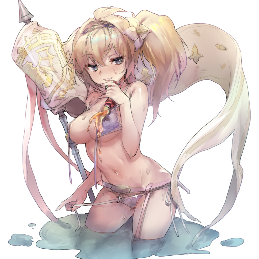 battle_standard bikini blonde_hair blue_eyes breasts flower front-tie_bikini front-tie_top granblue_fantasy hair_flower hair_ornament hairband highres jeanne_d'arc_(granblue_fantasy) large_breasts long_hair lotion naso4 navel open_mouth ponytail purple_bikini side-tie_bikini smile solo sunscreen swimsuit untied untied_bikini water wet