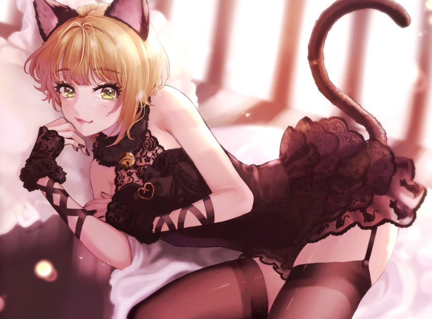 animal_ears animal_print bangs bell black_dress black_legwear black_nails black_ribbon blonde_hair blush cat_ears cat_print cat_tail dress eyebrows_visible_through_hair fur_collar garter_straps green_eyes idolmaster idolmaster_cinderella_girls indoors jingle_bell kemonomimi_mode lace lace-trimmed_dress lips looking_at_viewer lying magako miyamoto_frederica nail_polish on_side pillow ribbon short_hair sleeveless sleeveless_dress smile solo tail thighhighs wrist_ribbon zettai_ryouiki