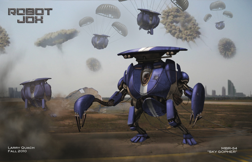 airborne army battle building cityscape claws cockpit commentary damaged dated day dirty drone dust dust_cloud empty english_commentary explosion flak folded grey_sky highres horizon landing larry_quach lights logo magnetism mecha no_humans original outdoors outstretched_arm parachute realistic road robot_jox science_fiction signature sky_gopher smoke unfolding