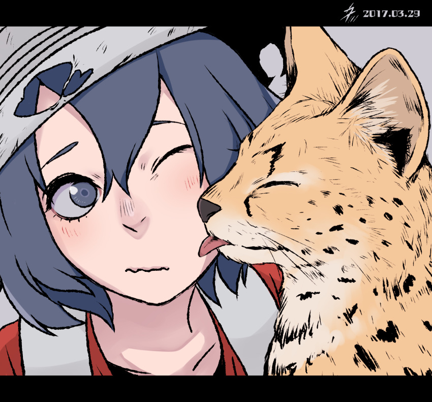 animal animalization blue_eyes blue_hair cheek_licking closed_eyes commentary dated face face_licking grey_background hair_between_eyes hat highres kaban_(kemono_friends) kemono_friends letterboxed licking nanakusa_kayu_(kibou-girl) one_eye_closed red_shirt serval serval_(kemono_friends) shirt short_hair simple_background tongue tongue_out wavy_mouth white_hat