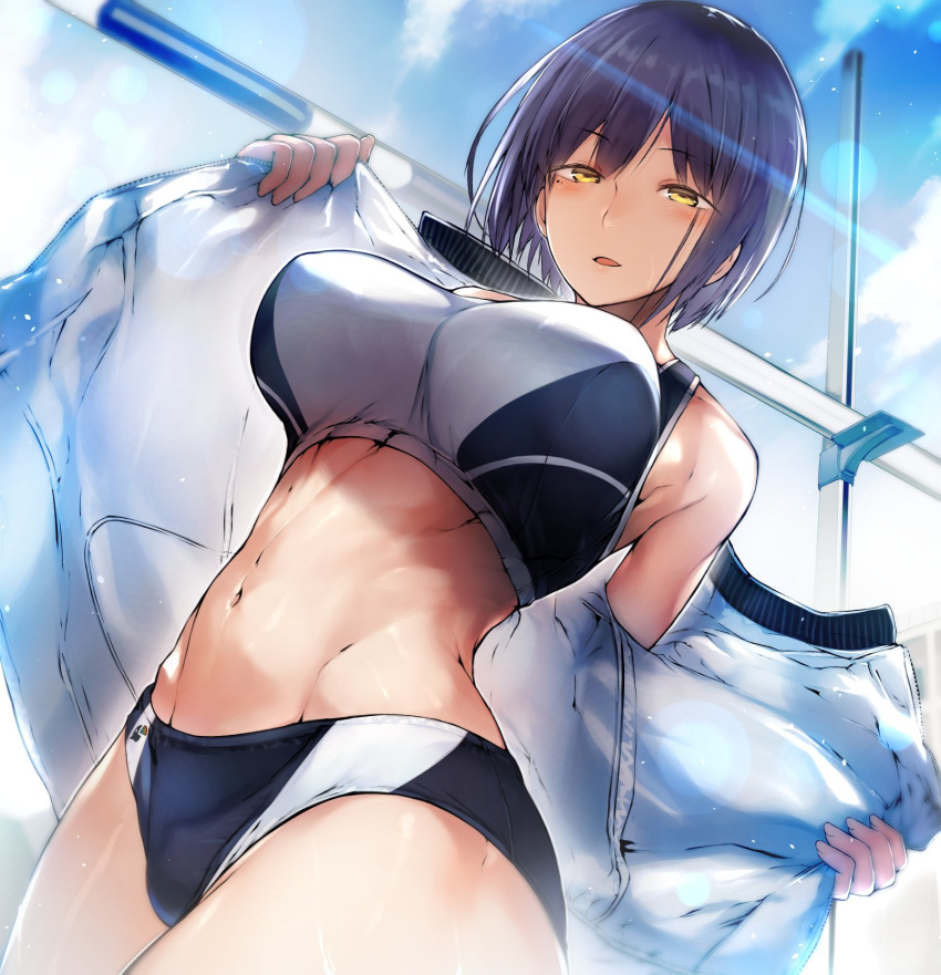 bangs blue_hair breasts buruma eyebrows_visible_through_hair highres jacket large_breasts midriff navel nijisanji nishiide_kengorou shizuka_rin short_hair solo sports_bikini sports_bra toned track_and_field track_jacket virtual_youtuber yellow_eyes