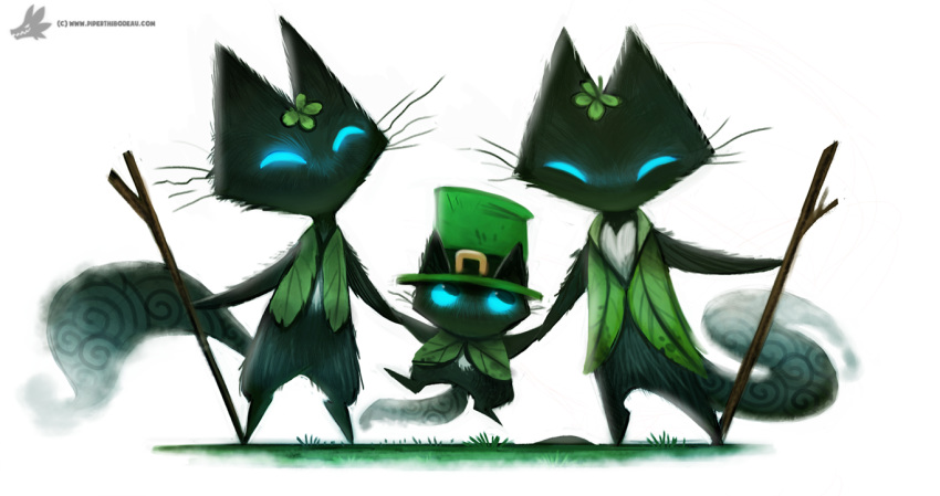 ambiguous_gender anthro black_fur blue_eyes bottomless cat clothed clothing clover cryptid-creations fairy feline four-leaf_clover fur glowing glowing_eyes group hat holidays leaf mammal sidhe_(cryptid-creations) simple_background st._patrick's_day stick whiskers white_background white_fur young