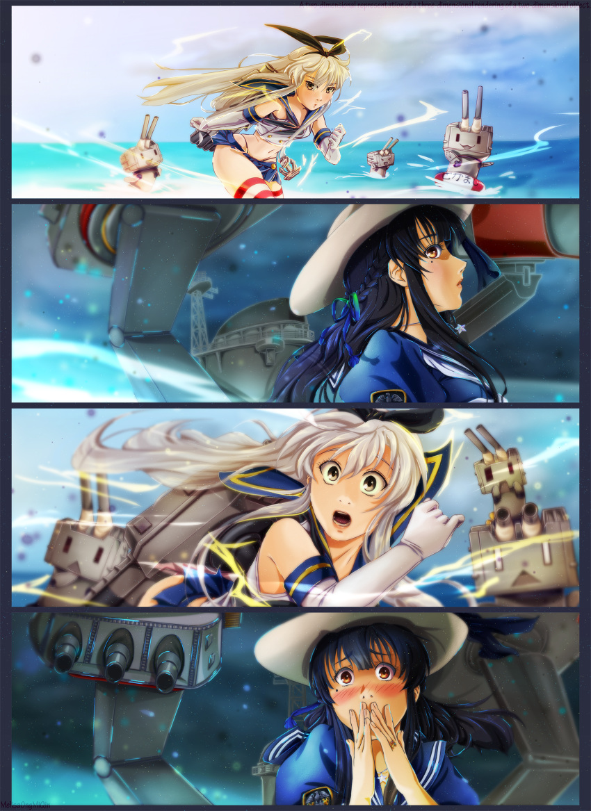 4koma :&lt; :o anchor_hair_ornament black_hair black_panties blue_dress blue_ribbon blurry blush braid brown_eyes bunny_hair_ornament comic commentary cosplay crop_top depth_of_field dress elbow_gloves french_braid gloves green_ribbon grey_eyes hair_ornament hair_ribbon hairband hands_over_mouth hat highleg highleg_panties highres iowa_(pacific) jewelry justice_league kantai_collection kimi_no_na_wa lifebuoy lightning long_hair melisaongmiqin microskirt miyamizu_mitsuha mole mole_under_eye multicolored multicolored_ribbon multiple_girls necklace pacific panties parody power_connection puffy_sleeves rensouhou-chan ribbon ring sailor_dress scared shimakaze_(kantai_collection) skirt standing standing_on_liquid star star_necklace sun_hat surprised thighhighs torpedo_launcher underwear wedding_ring white_gloves wide-eyed