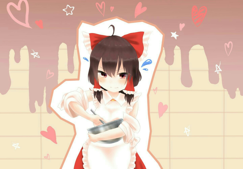 apron blush bow bowl brown_hair chocolate commentary detached_sleeves flying_sweatdrops frustrated hair_bow hair_tubes hakurei_reimu heart large_bow looking_at_viewer mixing_bowl red_eyes reimu_mikoro skirt solo star stirring touhou v-shaped_eyebrows valentine
