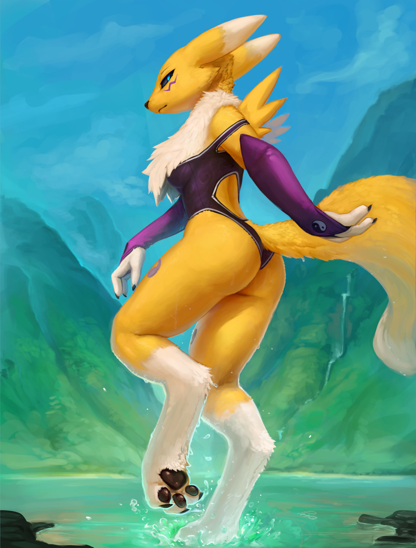 2018 3_toes absurd_res anthro armwear breasts butt butt_pose clothing digimon digital_media_(artwork) female fur hi_res mountain outside photonoko renamon solo toes water