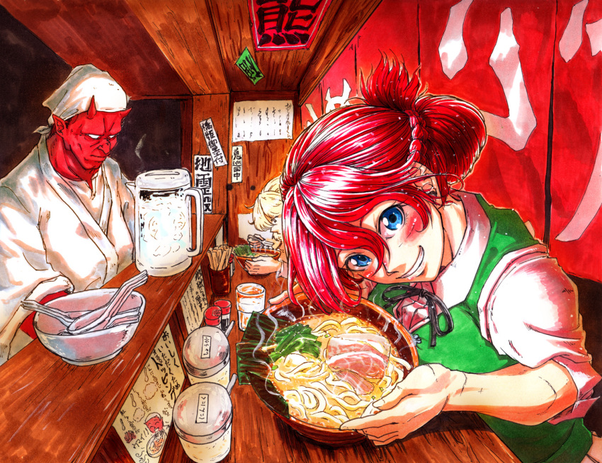 2girls :d alternate_hairstyle blonde_hair blue_eyes bowl braid commentary_request fisheye food french_braid grin hair_between_eyes hair_up hong_meiling horns koyubi_(littlefinger1988) leaning_forward looking_at_viewer mizuhashi_parsee multiple_girls noodles oni oni_horns open_mouth red_hair red_skin scar shirt sleeves_rolled_up smile solo_focus steam touhou vest