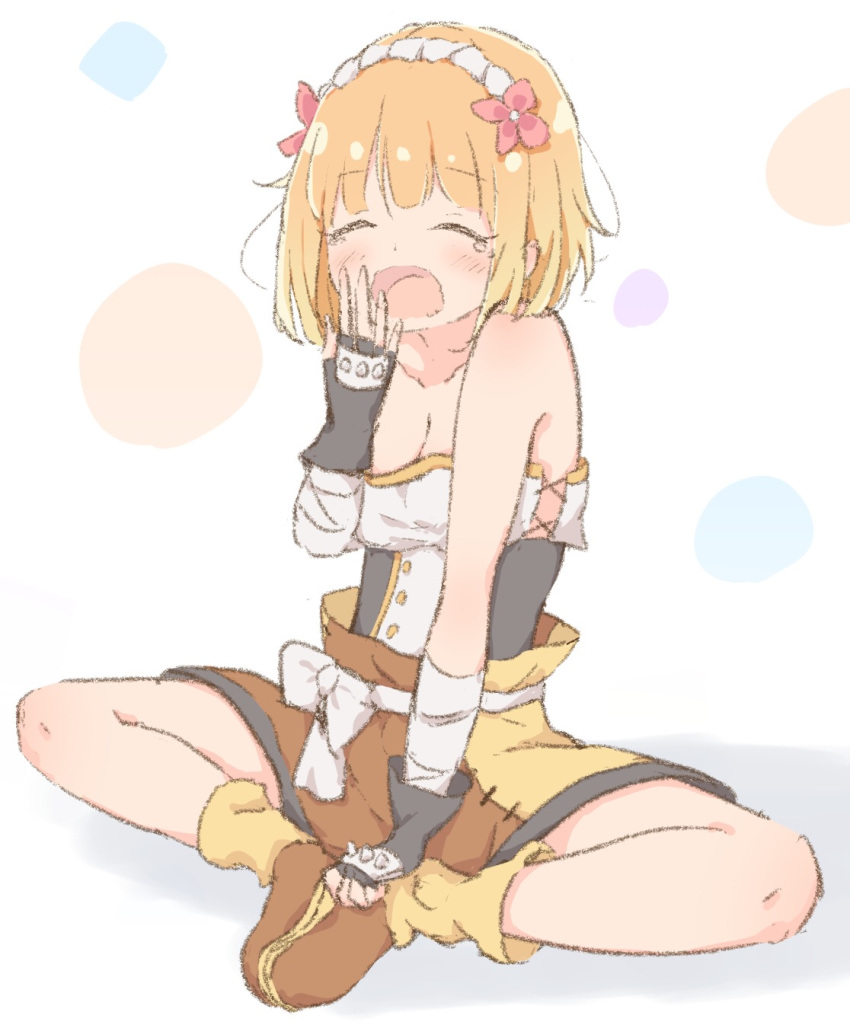 1girl blonde_hair commentary endro! eyes_closed fai_fai fingerless_gloves gloves hairband highres indian_style short_hair shorts simple_background sitting solo strapless yawning yukimura416