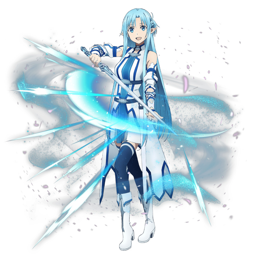 1girl :d asuna_(sao) asuna_(sao-alo) blue_eyes blue_hair blue_legwear boots detached_sleeves dress eyebrows_visible_through_hair full_body holding holding_sword holding_weapon long_hair open_mouth pleated_dress pointy_ears short_dress sleeveless sleeveless_dress smile solo standing sword sword_art_online thighhighs transparent_background very_long_hair weapon white_boots