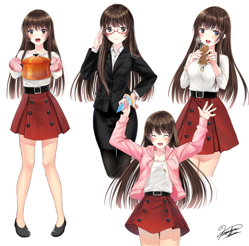 bad_id bad_pixiv_id belt blush brown_eyes brown_hair commentary_request crepe food formal full_body glasses jewelry kazuharu_kina long_hair looking_at_viewer mittens multiple_views necklace official_art open_mouth original oven_mitts pencil_skirt red-framed_eyewear semi-rimless_eyewear simple_background skirt skirt_suit smile standing suit taiyaki teacher under-rim_eyewear wagashi white_background