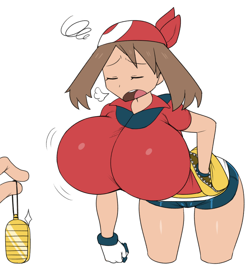 1girl bandanna bike_shorts blush breasts brown_hair cameltoe cleavage eyes_closed gloves gray_impact haruka_(pokemon) highres huge_breasts leaning_forward open_mouth pokemon pokemon_(game) pokemon_rse short_hair short_sleeves shorts solo