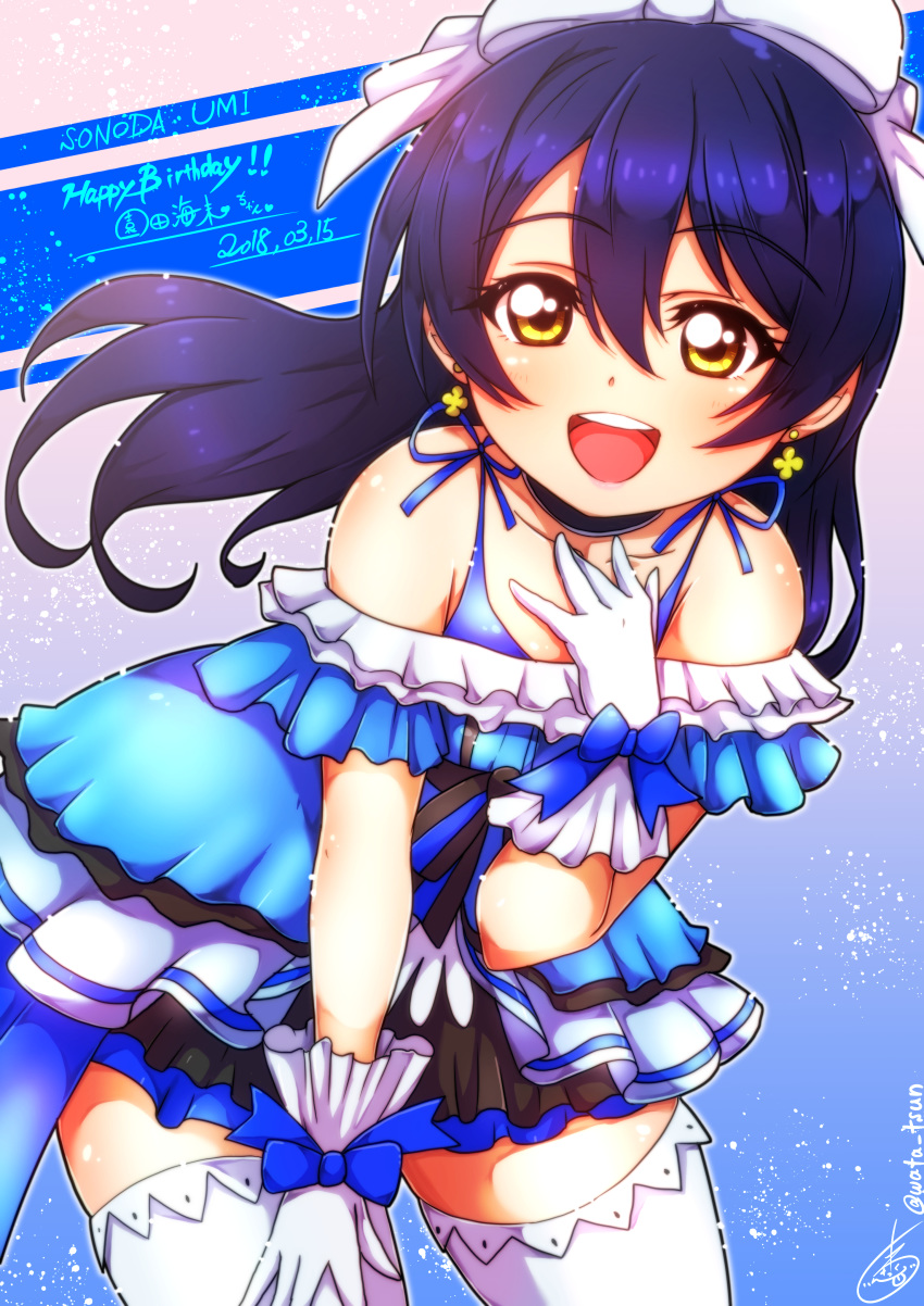 absurdres bangs birthday blue_dress blue_hair blush bow character_name commentary_request cowboy_shot dated dress earrings eyebrows_visible_through_hair gloves hair_between_eyes hair_bow hair_ornament happy_birthday highres jewelry kira-kira_sensation! long_hair looking_at_viewer love_live! love_live!_school_idol_project open_mouth smile solo sonoda_umi thighhighs wata_tsun white_gloves white_legwear yellow_eyes