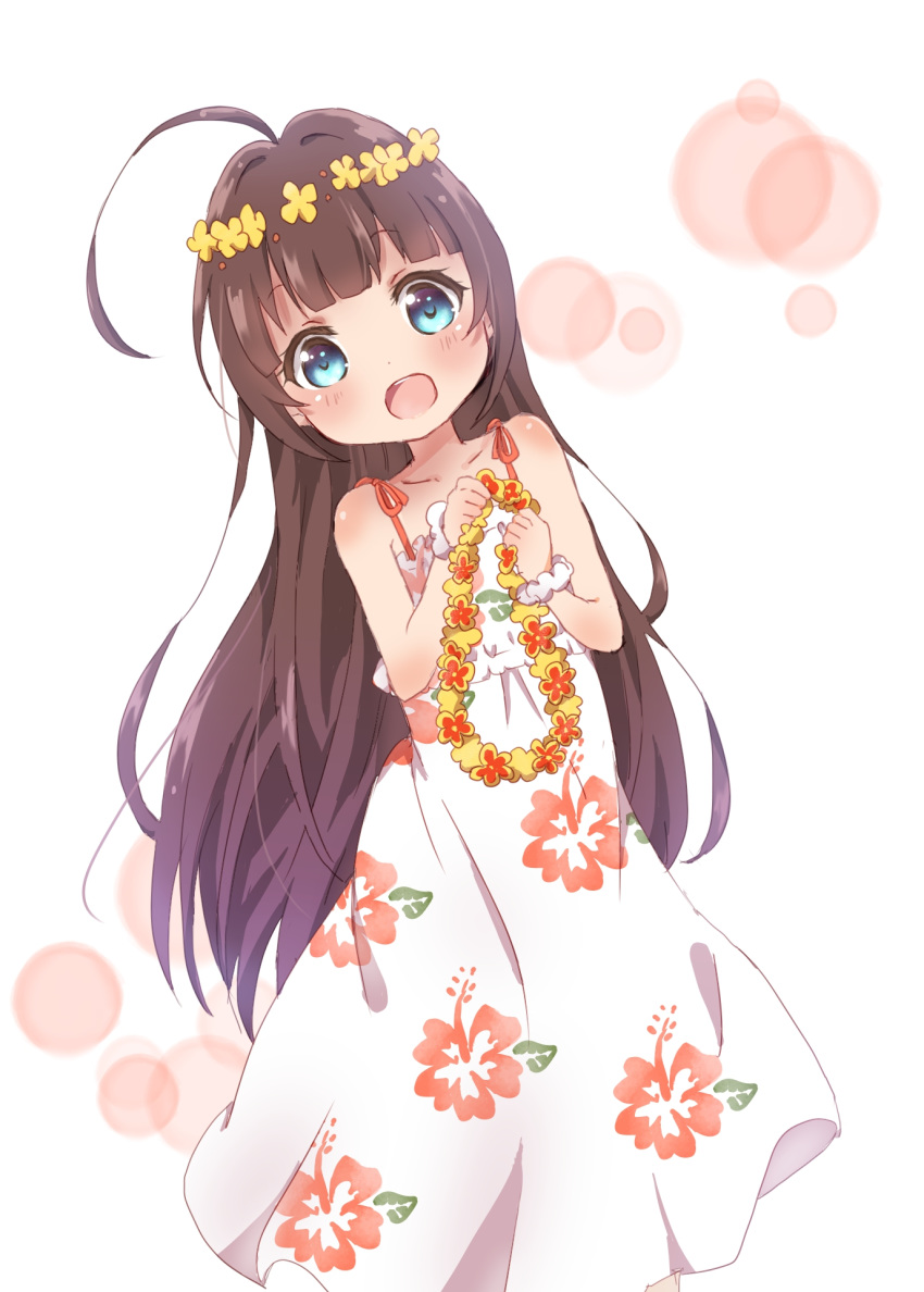 :d ahoge alternate_hairstyle bangs bare_arms bare_shoulders blue_eyes blush brown_hair collarbone dress dutch_angle eyebrows_visible_through_hair floral_print flower flower_wreath gloves hair_down head_wreath highres hinatsuru_ai holding long_hair looking_at_viewer mearian open_mouth print_dress red_flower ryuuou_no_oshigoto! scrunchie sleeveless sleeveless_dress smile solo upper_teeth white_background white_dress white_scrunchie wrist_scrunchie yellow_gloves