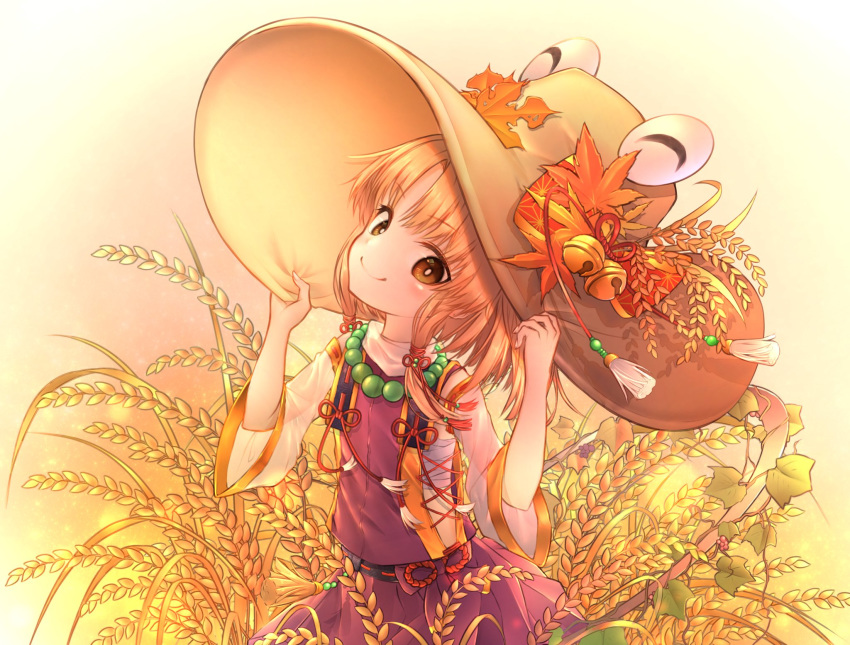 adapted_costume alternate_costume bangs bead_necklace beads big_hat blonde_hair commentary detached_sleeves embellished_costume hair_ornament hair_ribbon hands_on_headwear hat hat_leaf hat_ornament hat_tug highres hito_komoru jewelry looking_at_viewer moriya_suwako necklace purple_shirt purple_skirt ribbon rope sarashi see-through shirt short_hair skirt smile solo touhou wheat wide_sleeves yellow_eyes