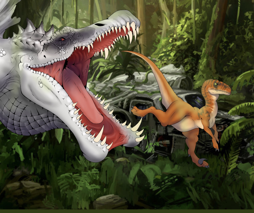 crimsonrex dinosaur feral jurassic_park jurassic_world open_mouth raptor running scales spinosaurus split_jaw theropod