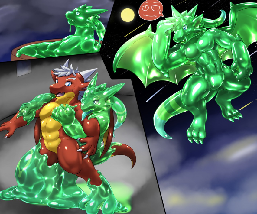 abs claws danny dragon featureless_crotch flying fur furred_dragon goo goo_transformation horn jello_(character) male muscular pecs tonde transformation