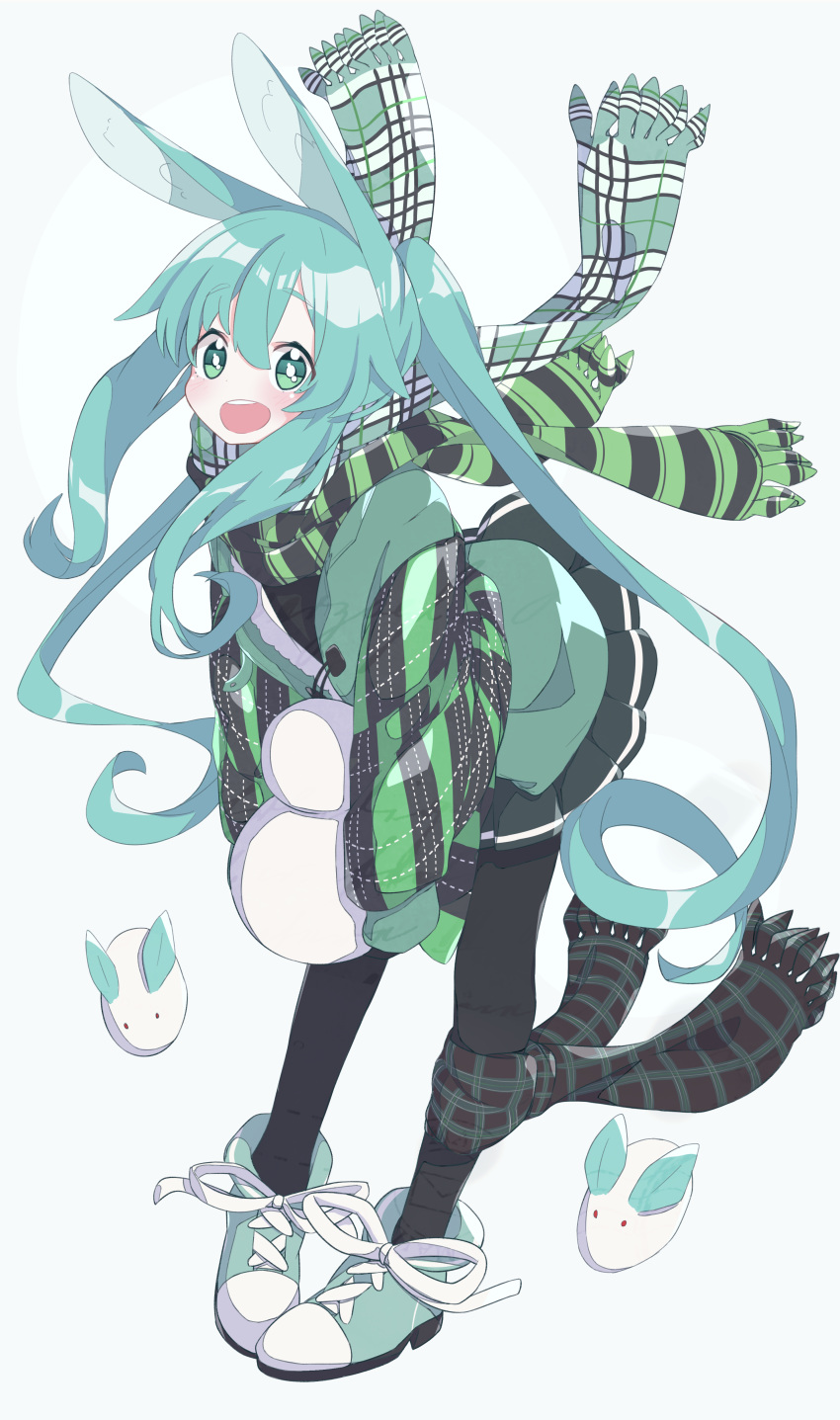 absurdres animal_ears bad_id bad_pixiv_id black_legwear blush bunny_ears coat eyebrows_visible_through_hair full_body green_eyes green_hair green_scarf hatsune_miku highres kemonomimi_mode long_hair looking_at_viewer open_mouth pantyhose relila scarf smile snow_bunny snowman solo twintails very_long_hair vocaloid