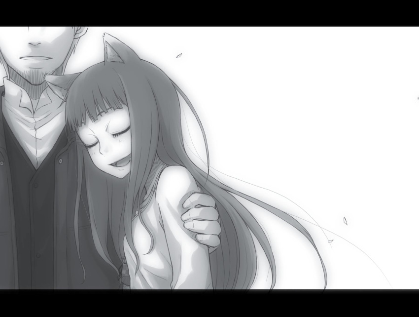 1girl :d animal_ears ayakura_juu beard closed_eyes couple craft_lawrence dress_shirt facial_hair floating_hair greyscale head_out_of_frame hetero highres holo long_hair monochrome novel_illustration official_art open_mouth shirt simple_background smile spice_and_wolf upper_body very_long_hair white_background wolf_ears