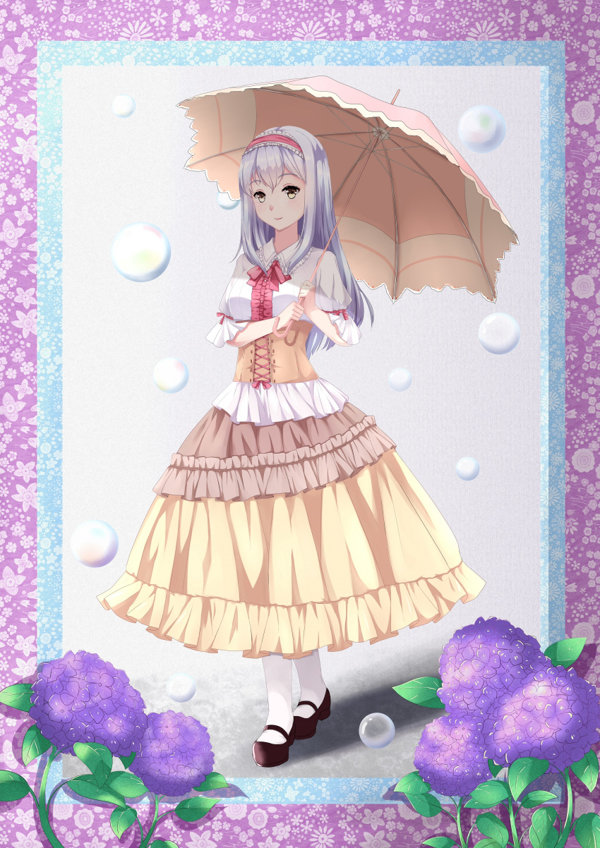absurdres bangs black_footwear blouse border bow brown_skirt bubble center_frills chahei commentary corset flower frilled_hairband frilled_sleeves frills full_body hairband highres holding holding_umbrella hydrangea kantai_collection layered_skirt long_hair long_skirt looking_at_viewer mary_janes open_mouth pantyhose parasol puffy_sleeves purple_border red_ribbon ribbon shoes shoukaku_(kantai_collection) silver_hair skirt smile standing umbrella white_blouse white_legwear wing_collar yellow_eyes yellow_skirt