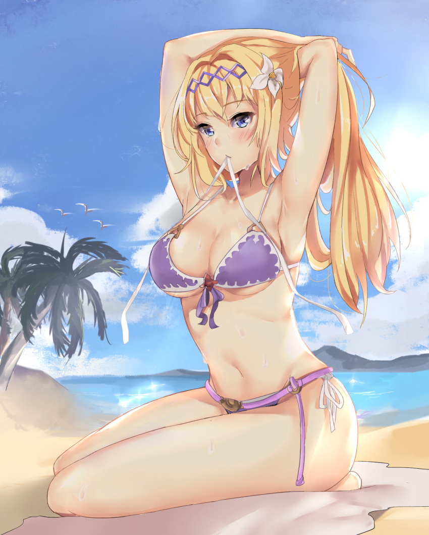 adjusting_hair ardi_rayhan armpits bangs beach beach_towel bikini blonde_hair blue_eyes blush breasts cloud day eyebrows_visible_through_hair flower front-tie_bikini front-tie_top full_body granblue_fantasy hair_flower hair_ornament hairband highres jeanne_d'arc_(granblue_fantasy) large_breasts lily_(flower) long_hair looking_at_viewer mouth_hold navel outdoors purple_bikini ribbon seiza side-tie_bikini sitting sky solo sweat swimsuit towel tying_hair unfinished_background white_flower white_ribbon