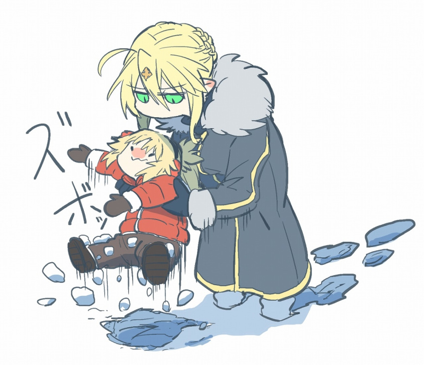 age_regression artoria_pendragon_(all) artoria_pendragon_(lancer) blonde_hair coat fate/apocrypha fate/grand_order fate_(series) green_eyes mordred_(fate) mordred_(fate)_(all) mother_and_daughter picking_up pointy_ears snow takatsuki_nato winter_clothes winter_coat younger