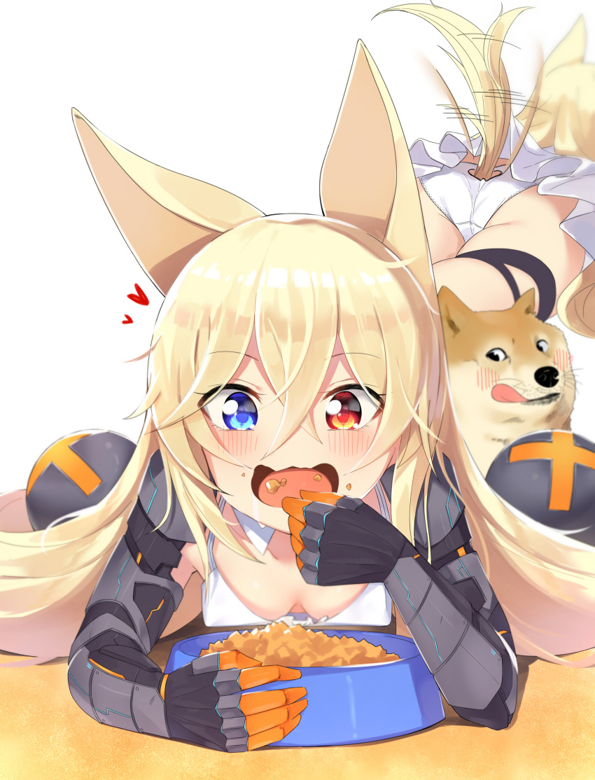 absurdres animal animal_ears ass bangs blonde_hair blue_eyes blush bowl breasts cleavage covered_nipples dog dog_ears dog_food dog_girl dog_tail doge eating eyebrows_visible_through_hair g41_(girls_frontline) gauntlets girls_frontline hair_between_eyes hair_ornament heart heterochromia highres kemonomimi_mode long_hair multiple_views noria open_mouth panties pet_bowl red_eyes small_breasts tail tail_wagging underwear very_long_hair white_background white_panties