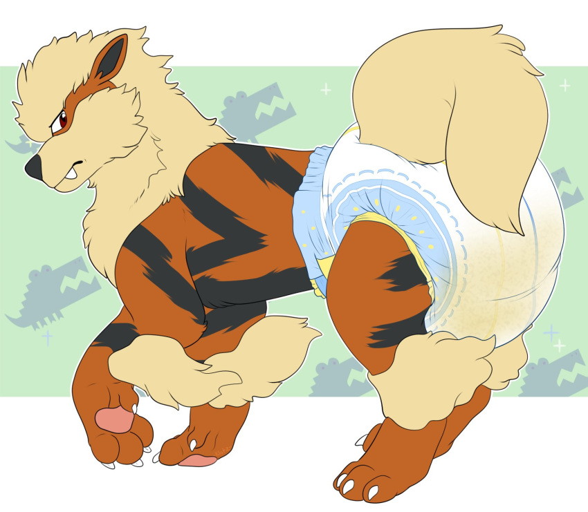 ambiguous_gender arcanine carnival-tricks claws diaper feral nintendo pawpads pok&eacute;mon pok&eacute;mon_(species) standing urine video_games wet_diaper