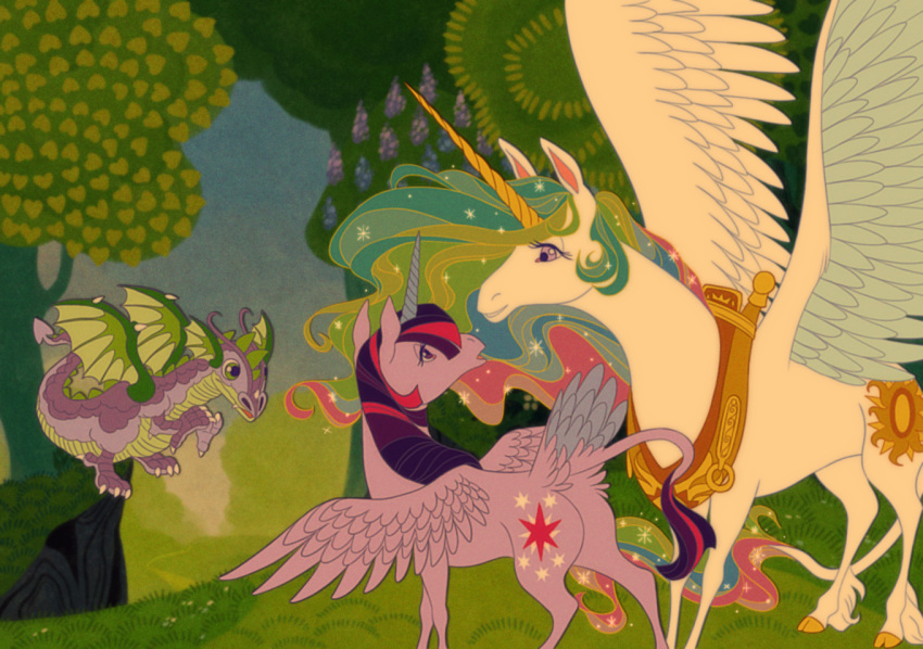 2018 butt crossover cutie_mark dragon equine feathered_wings feathers female feral friendship_is_magic group hair horn jewelry male mammal multicolored_hair my_little_pony necklace outside princess_celestia_(mlp) spike_(mlp) the_last_unicorn thiscrispykat tree twilight_sparkle_(mlp) winged_unicorn wings