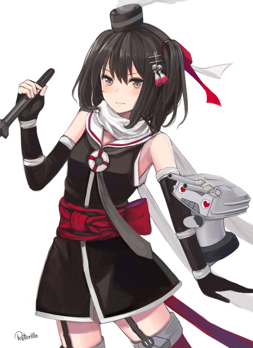 adapted_costume amatsukaze_(kantai_collection) amatsukaze_(kantai_collection)_(cosplay) artist_name black_dress black_gloves black_hair brown_eyes commentary_request cosplay cowboy_shot dress elbow_gloves fingerless_gloves garter_straps gloves hair_ornament hat highres kantai_collection lifebuoy mini_hat red_legwear remodel_(kantai_collection) rensouhou-kun retorillo scarf sendai_(kantai_collection) short_dress simple_background smoke thighhighs torpedo two_side_up white_background white_scarf