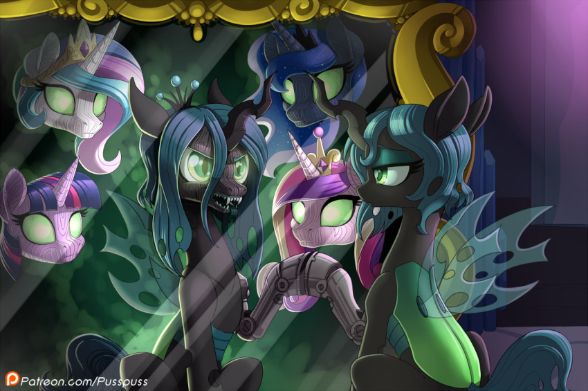 2018 changeling digital_media_(artwork) equine fangs female feral friendship_is_magic green_eyes hair horn mammal multicolored_hair my_little_pony princess_cadance_(mlp) princess_celestia_(mlp) princess_luna_(mlp) prosthetic pusspuss queen_chrysalis_(mlp) sharp_teeth starlight_glimmer_(mlp) teeth unicorn wings