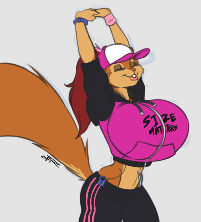 baseball_cap big_breasts breasts clothing female hat hoodie ipod mammal marika_(teer) navel ponyrail rodent solo squirrel teer