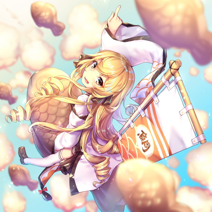 blonde_hair blue_sky blurry blurry_background brown_eyes character_request commentary_request drill_hair eyebrows_visible_through_hair flag flying food from_above gourmet_kizuna highres index_finger_raised long_hair looking_at_viewer open_mouth riding shennai_misha shoes sky solo taiyaki thighhighs wagashi white_legwear