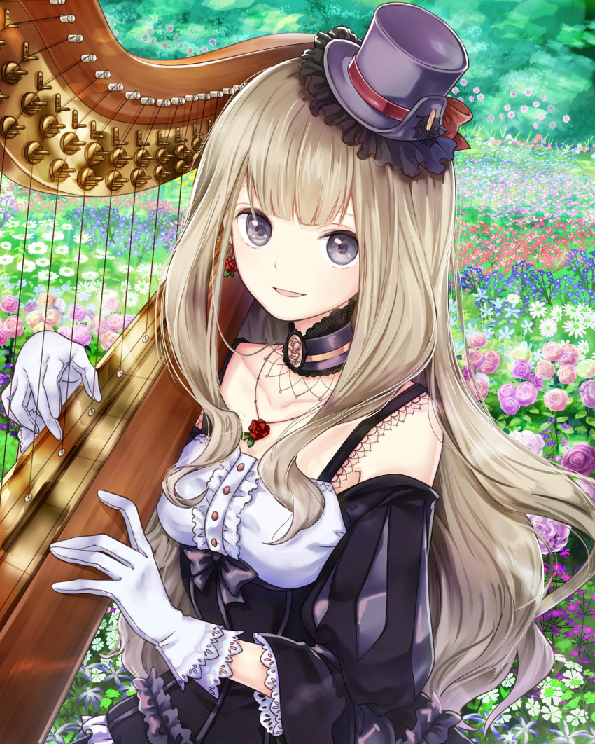 :d absurdres blonde_hair choker collarbone day detached_sleeves dress field floating_hair flower flower_field flower_necklace gloves grey_eyes grey_hat harp hat hat_ribbon highres instrument jewelry kishida_mel layered_dress lolita_fashion long_hair looking_at_viewer mini_hat music necklace open_mouth outdoors playing_instrument red_ribbon ribbon school_fanfare sleeveless sleeveless_dress smile solo very_long_hair white_gloves