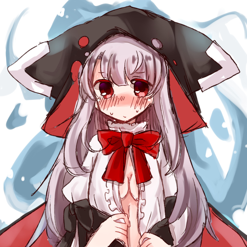 azur_lane bangs black_bow black_hat blush bow bowtie breasts closed_mouth erebus_(azur_lane) eyebrows_visible_through_hair grey_hair hat highres long_hair looking_at_viewer medium_breasts nose_blush open_clothes open_shirt puffy_short_sleeves puffy_sleeves red_eyes red_neckwear shimashiro_itsuki shirt short_sleeves sidelocks sketch solo sweat torn_clothes torn_hat undressing very_long_hair white_background white_shirt