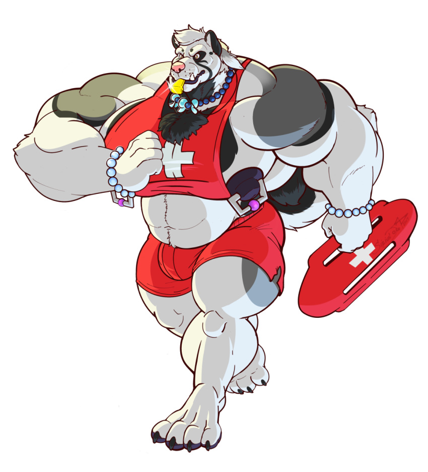 anthro body_hair bulge canine chest_hair huge_muscles lifeguard male mammal musclegut muscular muscular_male nipple_piercing nipples pecs piercing siriusdog solo whistle