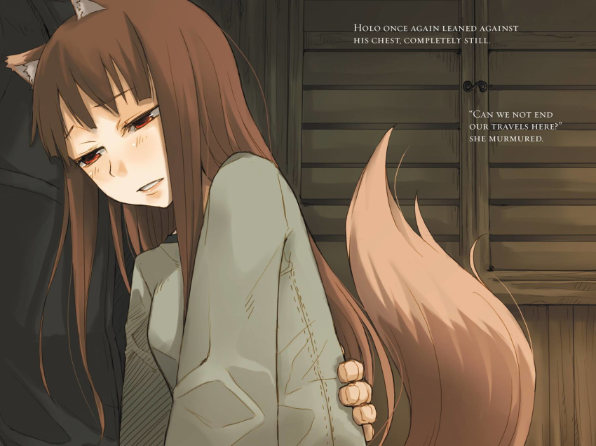 animal_ears ayakura_juu brown_hair eyebrows_visible_through_hair grey_shirt hand_on_another's_waist highres holo indoors long_hair novel_illustration official_art parted_lips red_eyes shirt spice_and_wolf tail upper_body very_long_hair wolf_ears wolf_tail