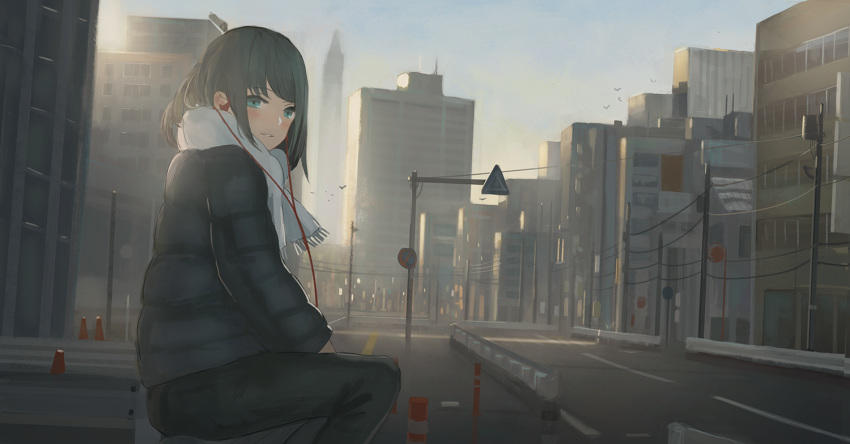 bad_id bad_pixiv_id bird blush city cityscape earphones eyebrows_visible_through_hair green_eyes grey_hair guard_rail long_sleeves looking_at_viewer looking_back original pants parted_lips power_lines reido_(reido_c) road_sign scarf sign sitting smile solo telephone_pole traffic_cone white_scarf