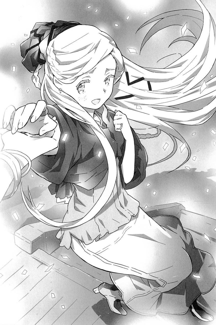 :d boots floating_hair from_above full_body greyscale hara_kazuhiro high_heel_boots high_heels highres holding_hands jewelry log_horizon long_hair long_skirt looking_at_viewer monochrome novel_illustration official_art open_mouth reinesia_el_arte_cowen ring skirt smile standing very_long_hair