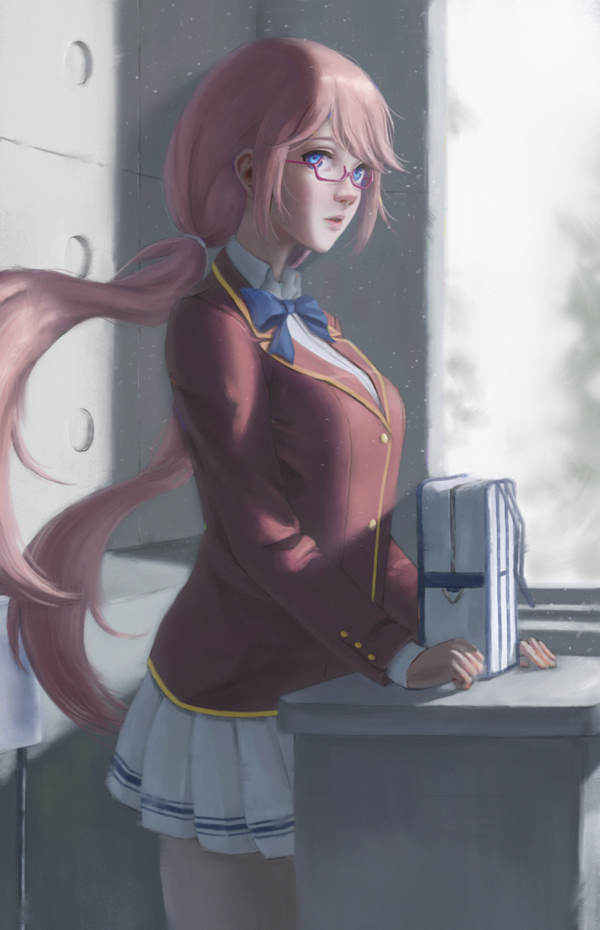 absurdres bibido blue_eyes highres long_hair parted_lips pink_hair red-framed_eyewear sakura_airi school_uniform semi-rimless_eyewear skirt solo thighs under-rim_eyewear youkoso_jitsuryoku_shijou_shugi_no_kyoushitsu_e