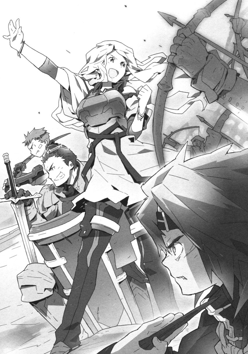 arm_up armor arrow boots bow_(weapon) bracelet breastplate clenched_teeth dress earrings floating_hair full_armor greyscale grin hara_kazuhiro headband highres holding holding_arrow holding_bow_(weapon) holding_shield holding_sword holding_weapon jewelry katana log_horizon long_hair looking_back marielle_(log_horizon) monochrome naotsugu_(log_horizon) novel_illustration official_art open_mouth shield short_dress short_hair shoulder_armor shouryuu_(log_horizon) smile spaulders standing sword teeth thigh_boots thighhighs touya_(log_horizon) very_long_hair very_short_hair weapon