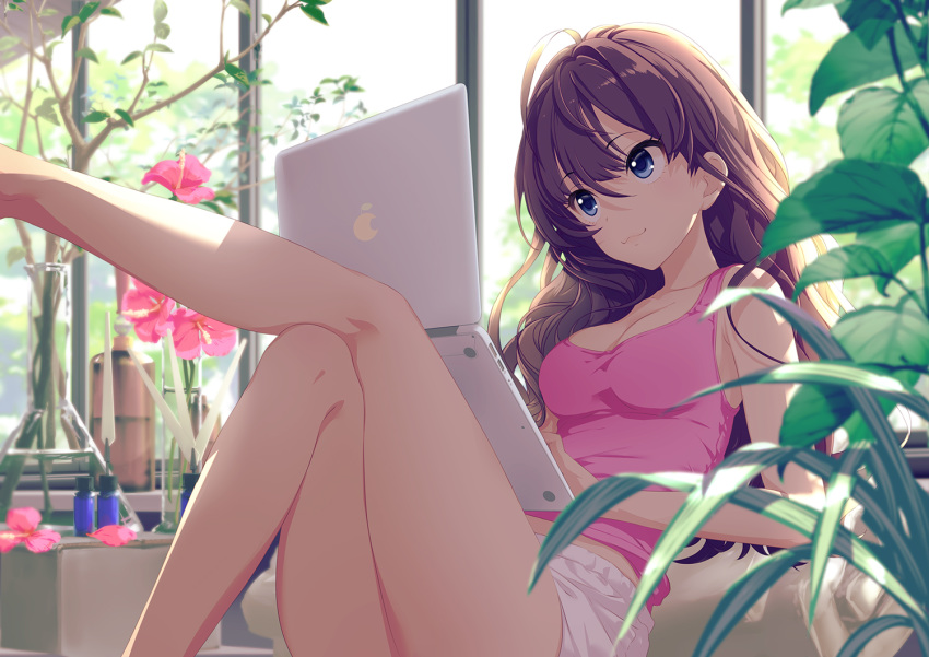 :3 ahoge annindoufu_(oicon) apple_inc. armpit_crease backlighting bangs blue_eyes bottle breasts brown_hair cleavage commentary_request computer crossed_legs eyebrows_visible_through_hair flower hair_between_eyes ichinose_shiki idolmaster idolmaster_cinderella_girls indoors laptop leg_up legs long_hair medium_breasts pink_tank_top plant shorts sitting smile solo tank_top thighs wavy_hair white_shorts window