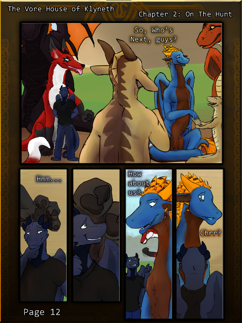 anthro athletic canine claws clothing comic dragon fin fox head_fin horn jayri_(jayri-veradian-avieock) krevaan_(cometfox) male mammal nolow reptile runa216 scalie size_difference smile text the_vore_house_of_klyneth tritus_(laestir) wings