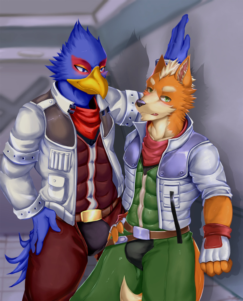 anthro avian bird blush bulge canine clothed clothing falco_lombardi fox_mccloud inside kabedon male male/male mammal nintendo soliscanis star_fox video_games