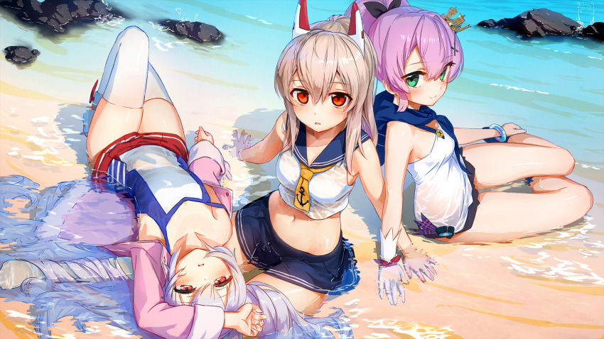 arm_above_head arm_up ayanami_(azur_lane) azur_lane bare_shoulders beach black_bow blue_skirt blush bow bracelet breasts brown_hair closed_mouth collarbone crop_top cross cross_hair_ornament crown day expressionless eyebrows_visible_through_hair full_body gloves green_eyes grey_hair hair_between_eyes hair_bow hair_ornament hairclip highres jacket javelin_(azur_lane) jewelry laffey_(azur_lane) large_breasts long_hair looking_at_viewer lying midriff mini_crown miniskirt multiple_girls navel ocean official_art on_back open_clothes open_jacket outdoors parted_lips partially_submerged pink_hair ponytail red_eyes red_skirt rock short_hair short_ponytail sitting skindentation skirt smile strap_slip thighhighs treeware upside-down water wet wet_clothes white_gloves white_legwear yokozuwari zettai_ryouiki