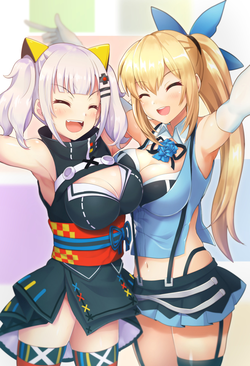 :d ^_^ ^o^ absurdres animal_ears armpits arms_up asymmetrical_docking bangs black_bra black_dress black_legwear black_skirt blonde_hair blue_flower blue_ribbon blue_rose blue_vest blunt_bangs blurry blurry_background blush bra breast_press breasts cat_ears checkered cleavage closed_eyes cowboy_shot depth_of_field dress elbow_gloves facing_viewer fake_animal_ears flower garter_straps gloves groin hair_ornament hair_ribbon hairclip happy high_collar highres kaguya_luna kaguya_luna_(character) large_breasts long_hair miniskirt mirai_akari mirai_akari_project multicolored multicolored_background multiple_girls navel open_mouth petticoat pleated_skirt ponytail red_dress red_legwear ribbon rose round_teeth samoore sash shiny shiny_hair short_dress side_slit sidelocks silver_hair skirt sleeveless sleeveless_dress smile standing stomach suspender_skirt suspenders teeth thighhighs twintails underwear v-shaped_eyebrows very_long_hair vest virtual_youtuber white_gloves wing_collar