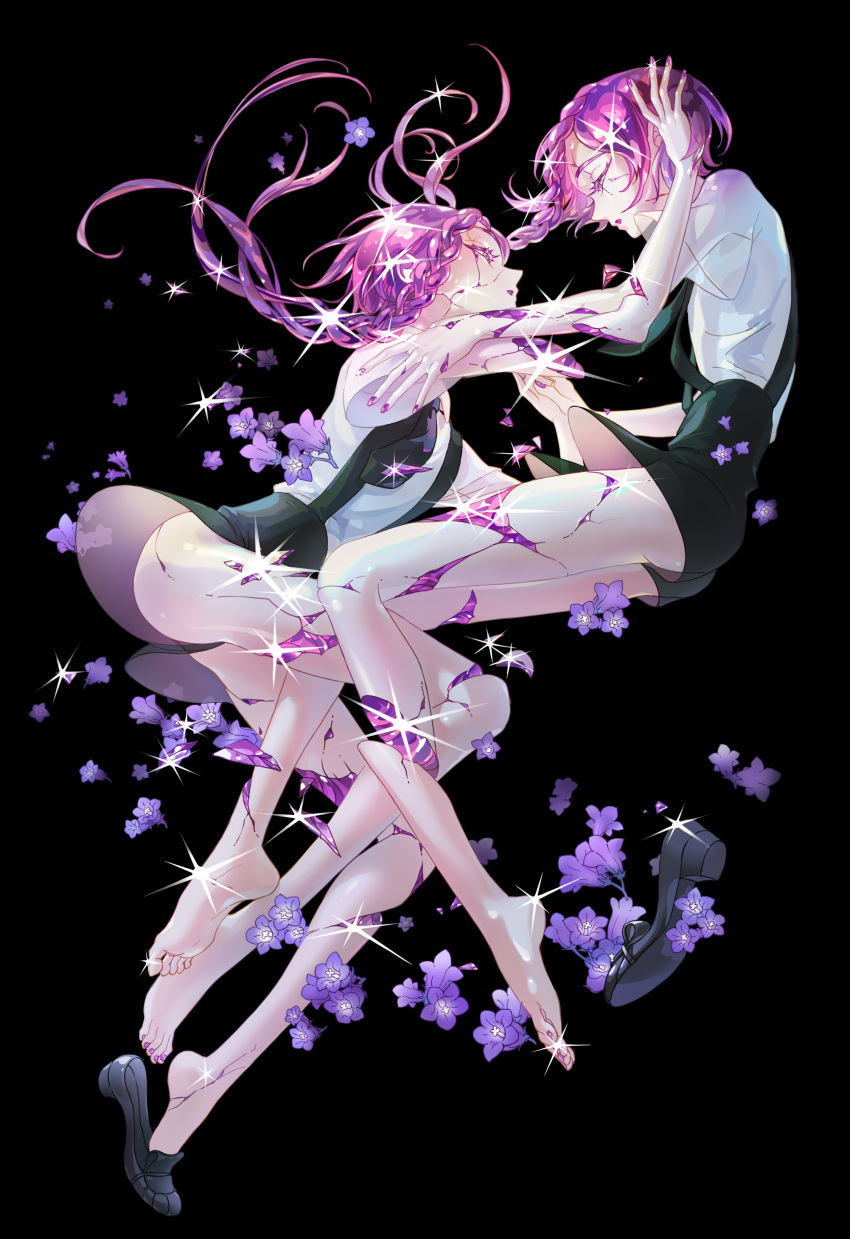 absurdres amethyst_(houseki_no_kuni) amputee androgynous black_background braid crack cracked face-to-face flower full_body gem gem_uniform_(houseki_no_kuni) hand_in_another's_hair highres houseki_no_kuni long_hair looking_at_another multiple_others mumyeong_teulol necktie purple_eyes purple_hair severed_arm severed_leg severed_limb shards siblings sparkle twins
