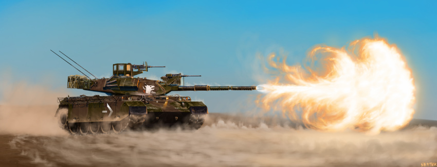 day dust fire gate_-_jieitai_ka_no_chi_nite_kaku_tatakaeri ground_vehicle gun highres japan_ground_self-defense_force japan_self-defense_force machine_gun military military_vehicle motor_vehicle no_humans ogata_tank sand tank type_74 weapon