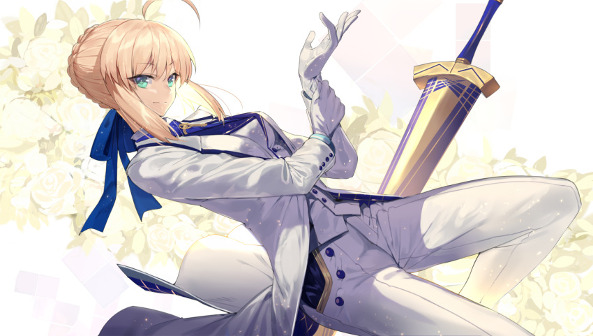 adjusting_clothes adjusting_gloves ahoge arthur_pendragon_(fate) arthur_pendragon_(fate)_(cosplay) artoria_pendragon_(all) avalon_(fate/stay_night) bangs blonde_hair blue_neckwear blue_ribbon braid breasts buttons closed_mouth cosplay dutch_angle excalibur eyebrows_visible_through_hair fate/grand_order fate/stay_night fate_(series) floral_background formal french_braid gloves green_eyes hair_between_eyes hair_bun hair_ribbon hand_up jacket leg_up light_particles long_sleeves looking_at_viewer medium_breasts necktie open_clothes open_jacket pants pocket ribbon saber shiny shiny_hair short_hair sidelocks sideways_glance smile solo suit tie_clip touzai_(poppin_phl95) tsurime waistcoat white_background white_gloves white_jacket white_pants white_rose_(fate/grand_order) white_suit wind