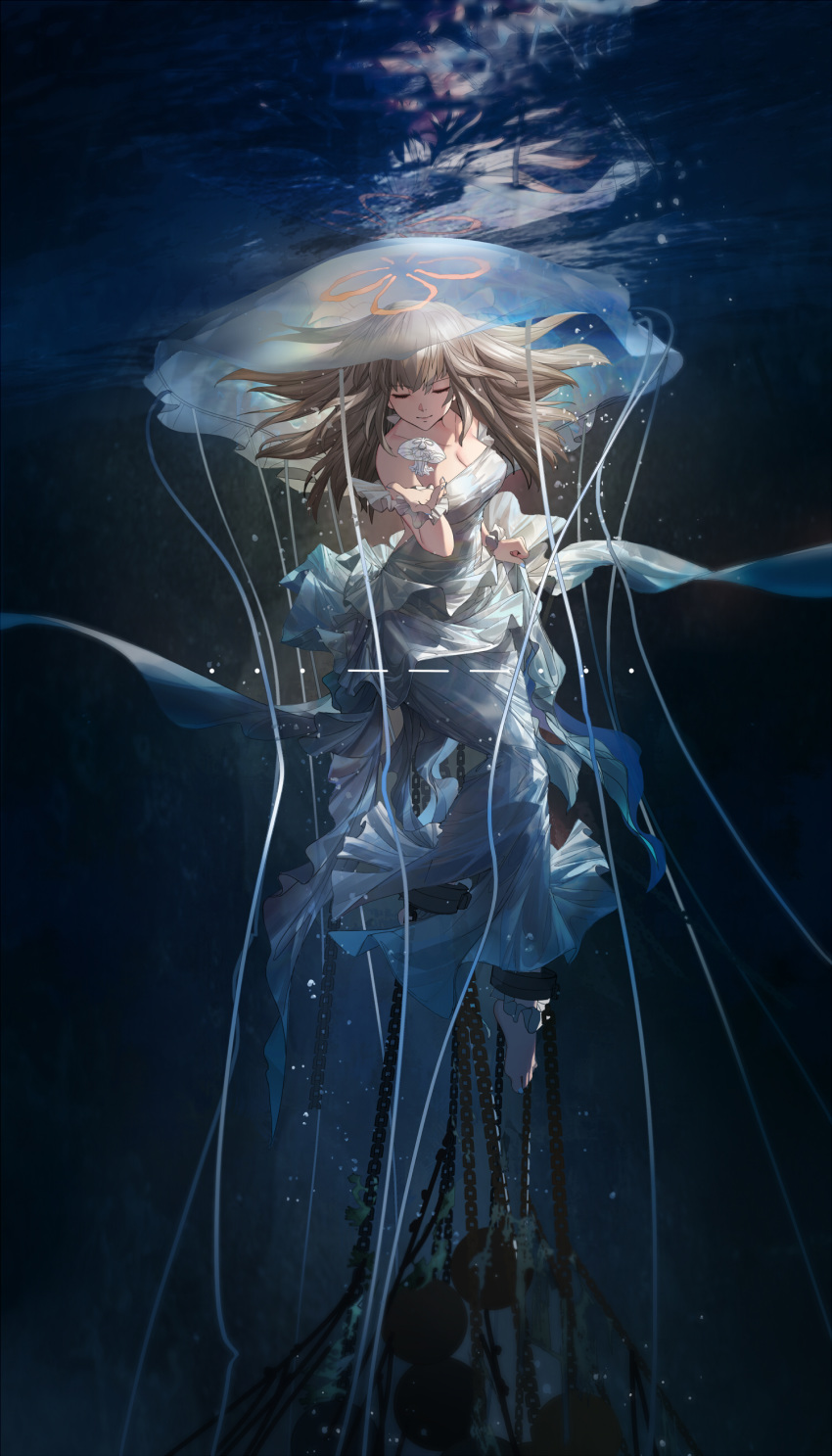 absurdres afloat air_bubble bare_shoulders barefoot blonde_hair breasts bubble chain cleavage closed_eyes closed_mouth collarbone commentary dress highres jellyfish large_breasts long_dress long_hair mivit off-shoulder_dress off_shoulder original reflection restrained smile sos submerged toes underwater water white_dress