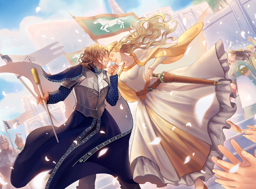 1girl armor beard belt blonde_hair brown_hair cape capelet castle eowyn faceless faceless_female faceless_male facial_hair faramir flag flower helmet highres jowell_she lord_of_the_rings petals sky staff sword teeth tiara weapon